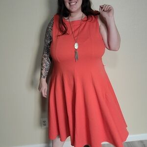 Haani 3X Textured Fit and Flare Dress Sleevless Coral Orange